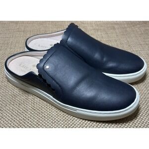 Kate Spade Mules Shoes Womens 9 Navy Blue ANDI Leather Slip-On Scalloped